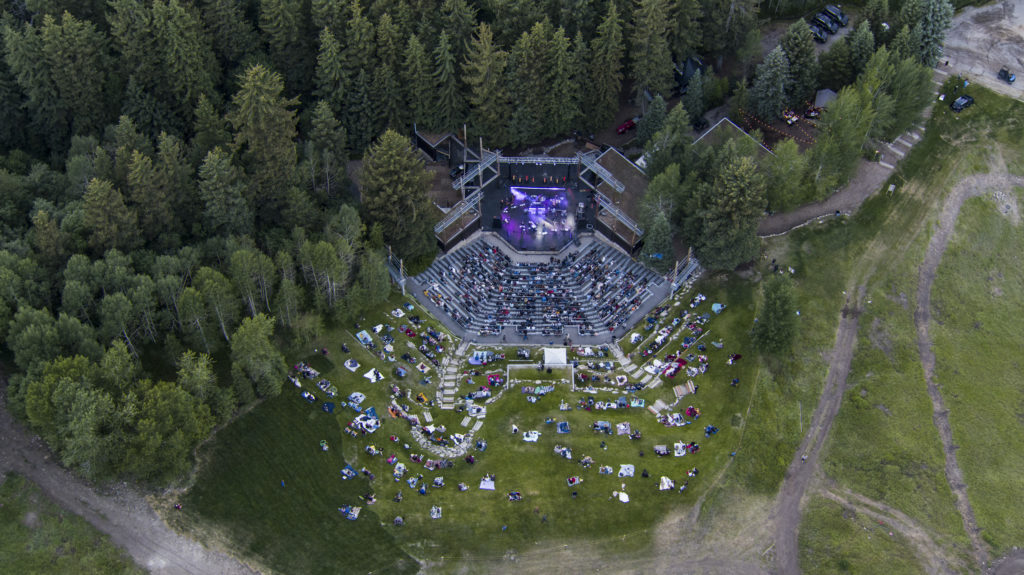 Aerial view of an outdoor concert in the summer at Sundance Mountain Resort.