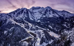 Aerial view of Sundance Mountain Resort covered in snow in the winter.