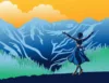 An illustration depicts a woman in a blue dress with arms outstretched, standing on a hilltop and facing a majestic mountain range. The sky is filled with a warm, orange glow as the sun is setting or rising behind her. Green pine trees line the base of the mountains.