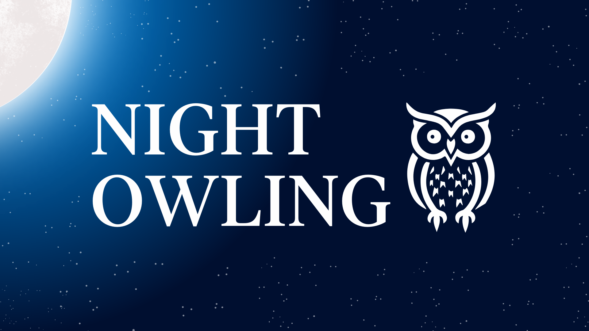 A graphic with the words "Night Owling" in white against a night sky with stars and a partial moon. To the right, there is an illustration of an owl in white.